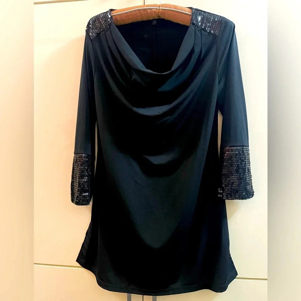 Slinky brand black blouse top sequins size XS